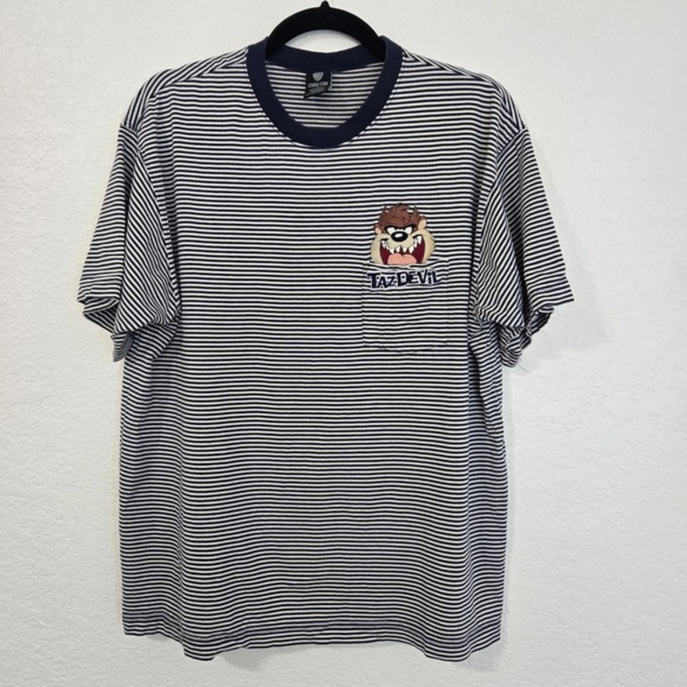Vintage 90's Warner Bros Studio Mens M Striped T Shirt‎ Blue White Short Sleeve